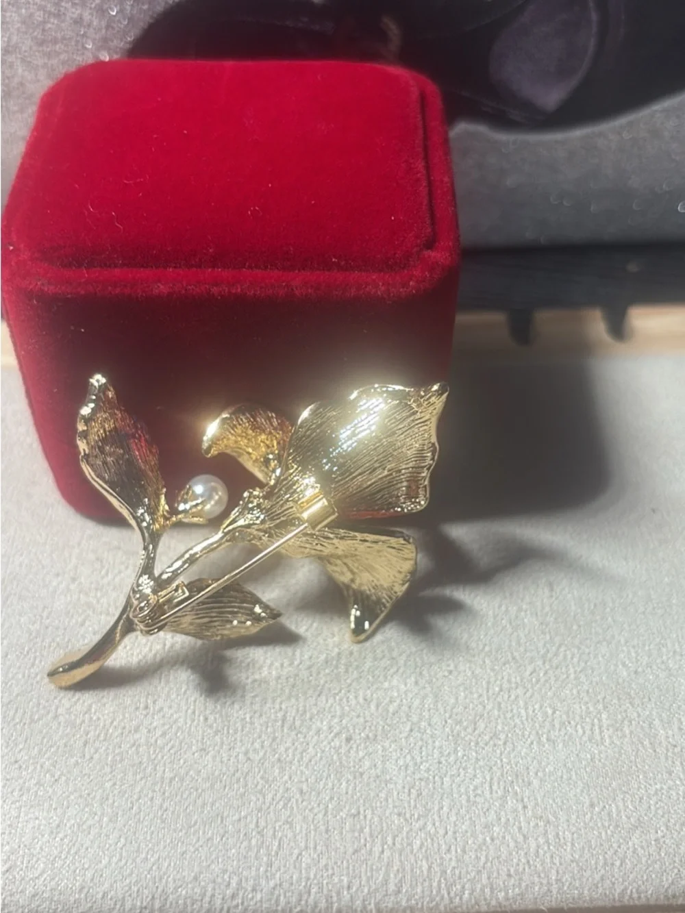 Red Floral Enamel & Gold-Tone Brooch with Pearl Accent